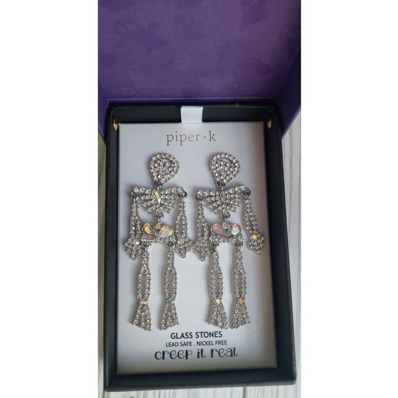 Piper K Halloween Glass Stone Skeleton Earrings 3" Long - Picture 1 of 5